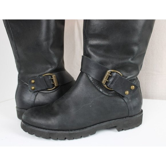 Black Riding Biker Boots Women 7 M Leather Tall Zip Buckle Accent Block Heel - Picture 7 of 11